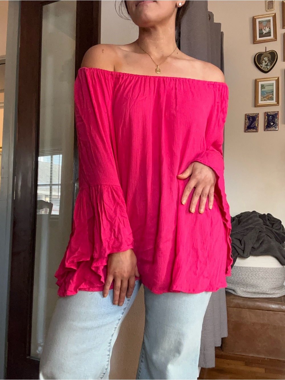 Off-Shoulder Ruffle Sleeve Top - Hot Pink